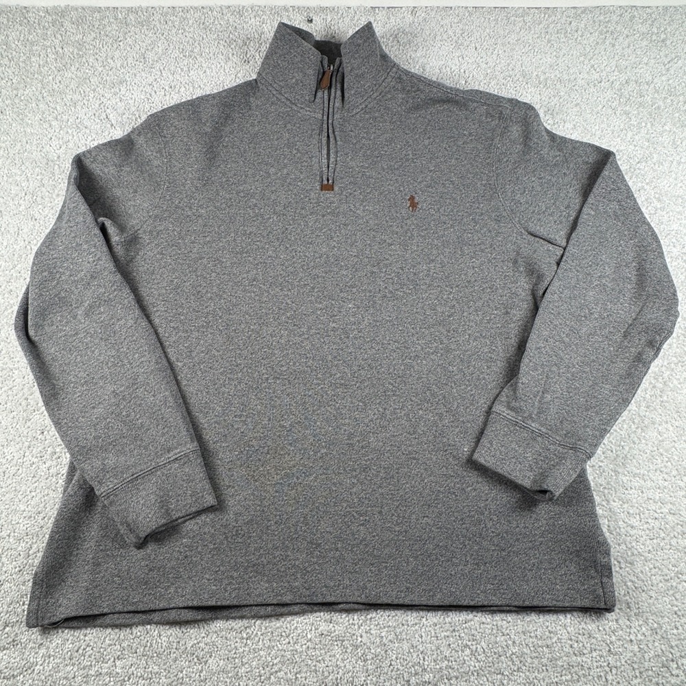 Polo Ralph Lauren Quarter Zip Pullover Men L Gray Cotton Sweater Brown Pony